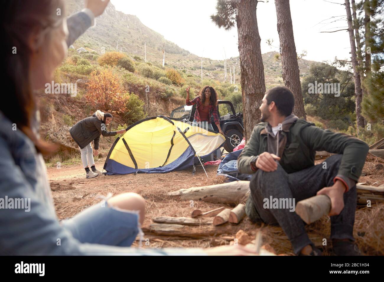 Young friends building campfire and pitching tent at campsite in woods Stock Photo