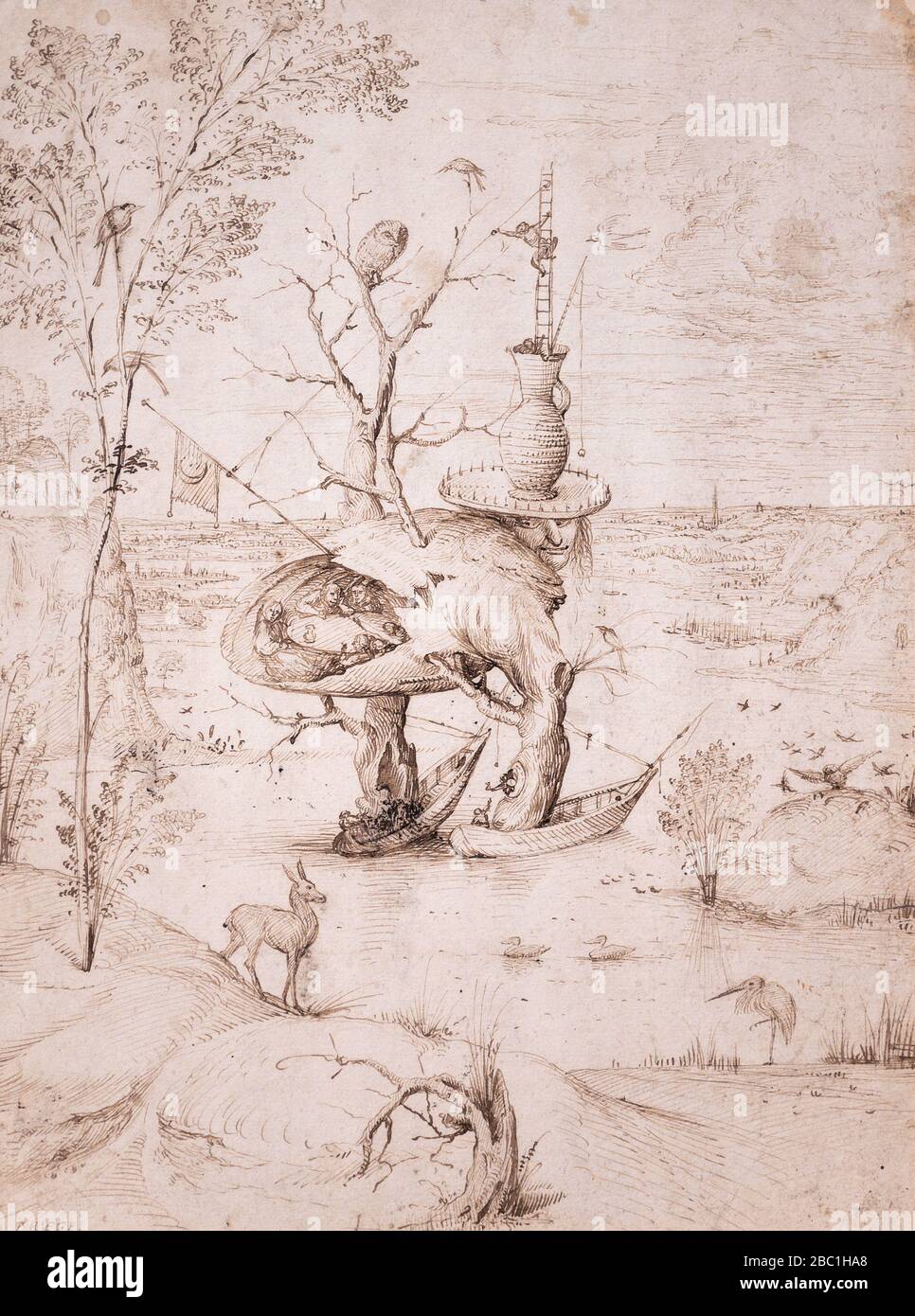"The Tree-Man" (c. 1500) by Hieronymus Bosch (1450–1516). Pen and brown ink. Facsimile. Stock Photo