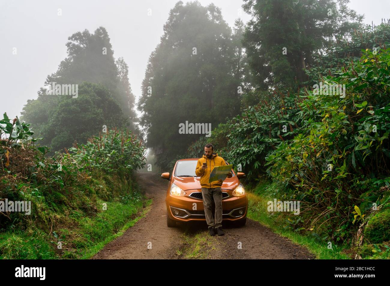 Man with smartphone and map outside car on forest road, Sao Miguel Island, Azores, Portugal Stock Photo