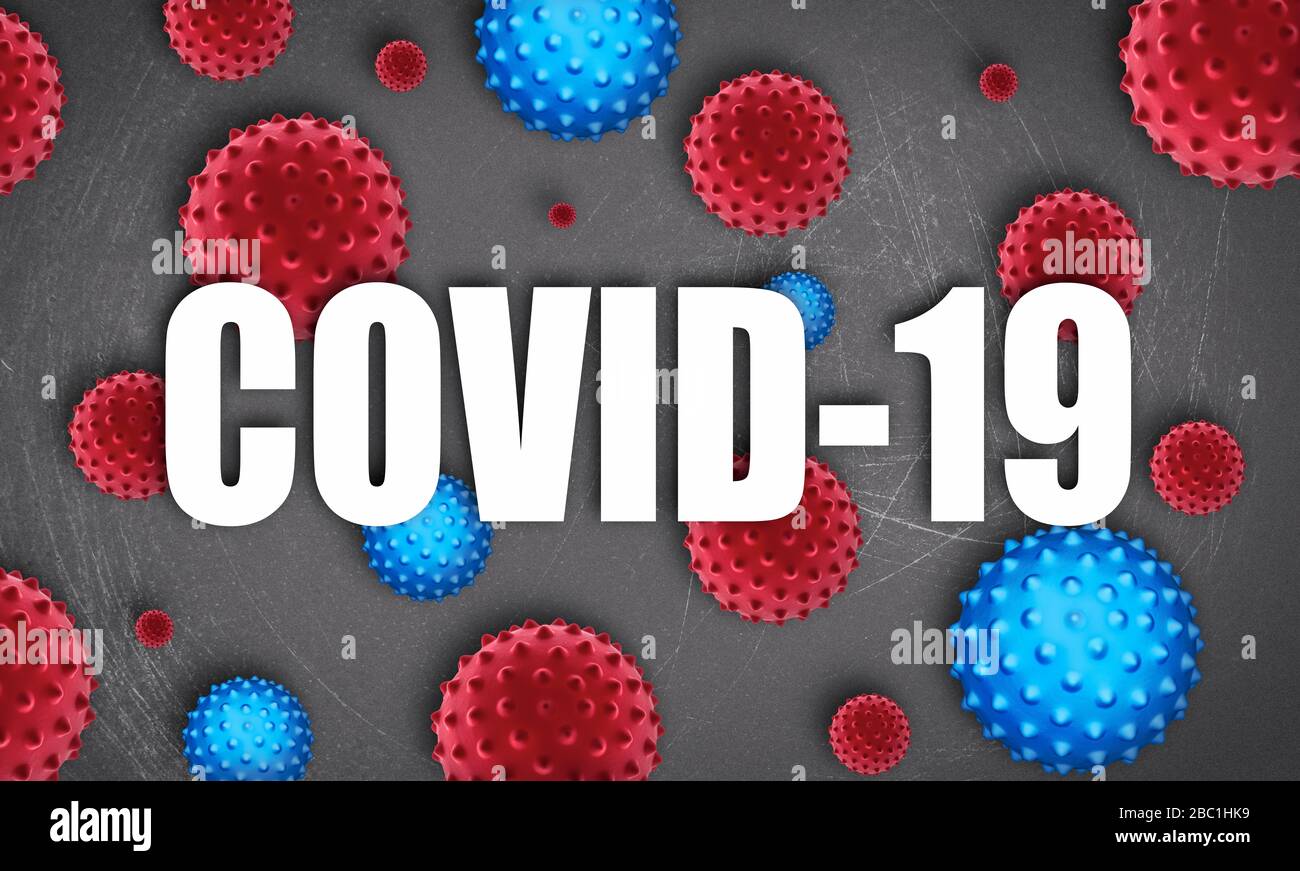The inscription COVID-19 on the background of viruses. Coronavirus pandemic. Stock Photo