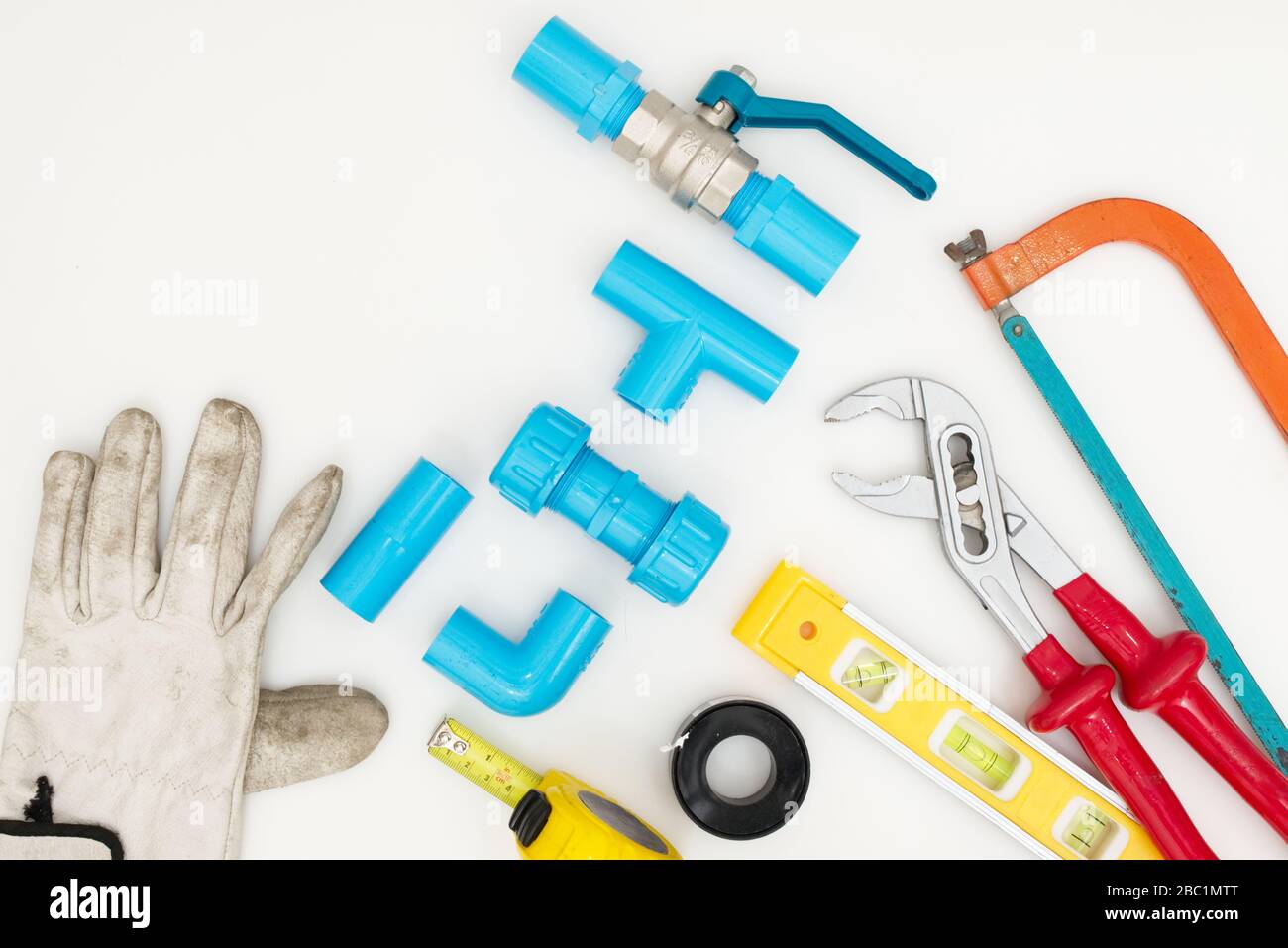 Pipe work tools set on white background. Technical tooling concept