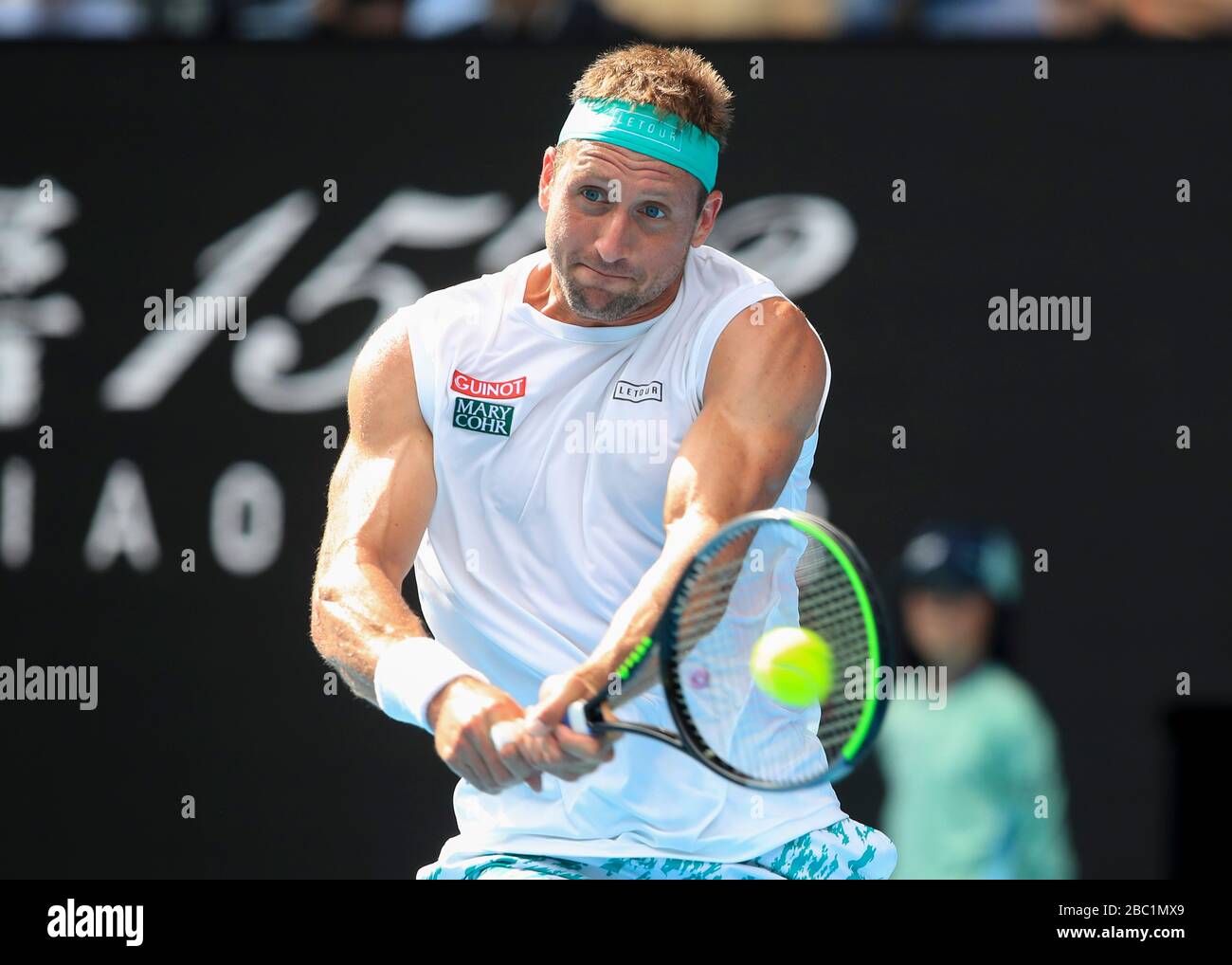 American tennis player Tennys Sandgren playing backhand shot in Australian Open 2020 Tennis Tournament, Melbourne Park, Melbourne, Victoria, Australia Stock Photo