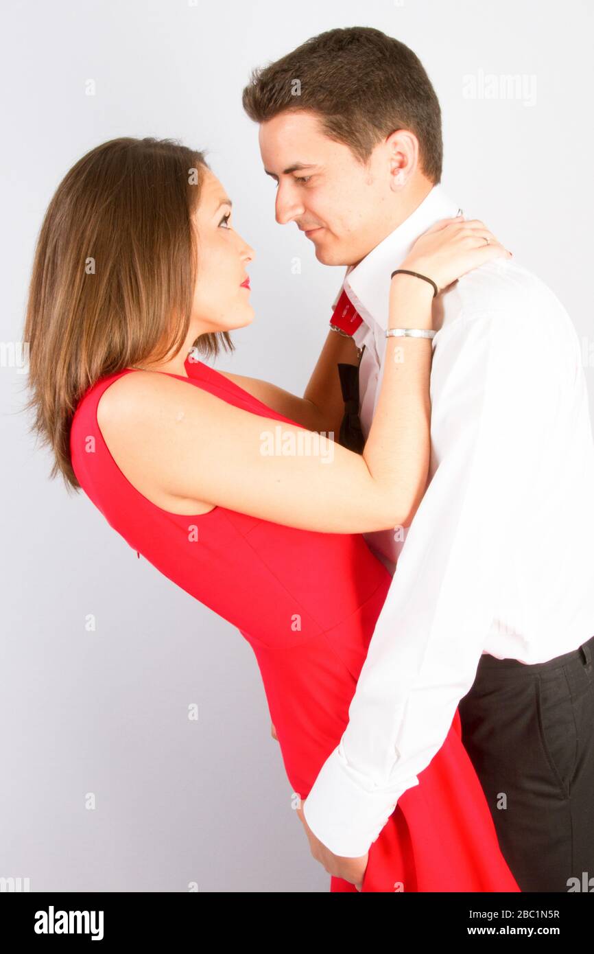 side view of adult romantic couple at home dancing in love Stock Photo ...