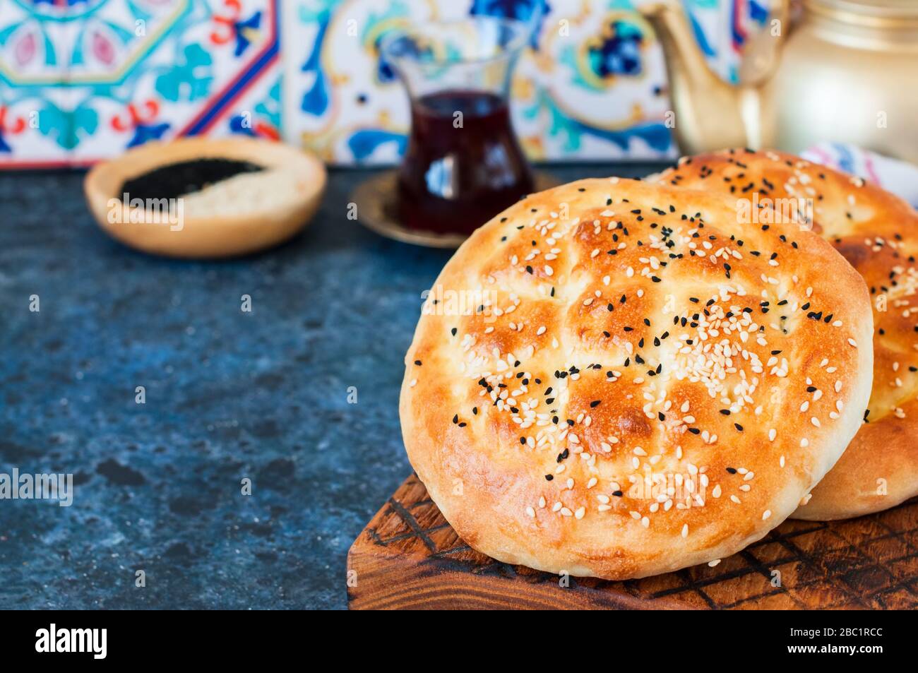 Ramadan pidesi Traditional turkish flatbread with nigella or sesame