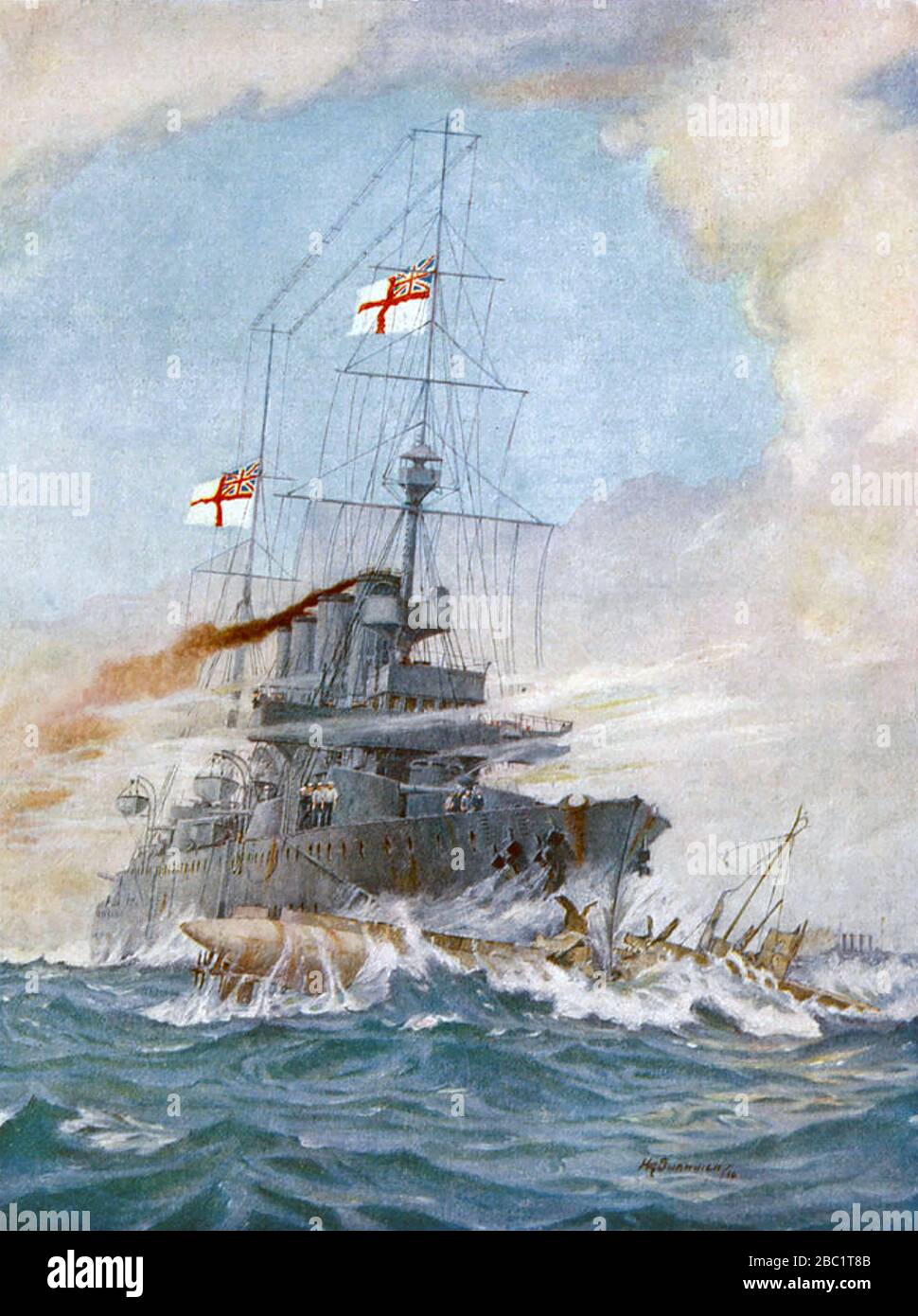HMS BIRMINGHAM sinks the U-15 on 9 August 1914 Stock Photo