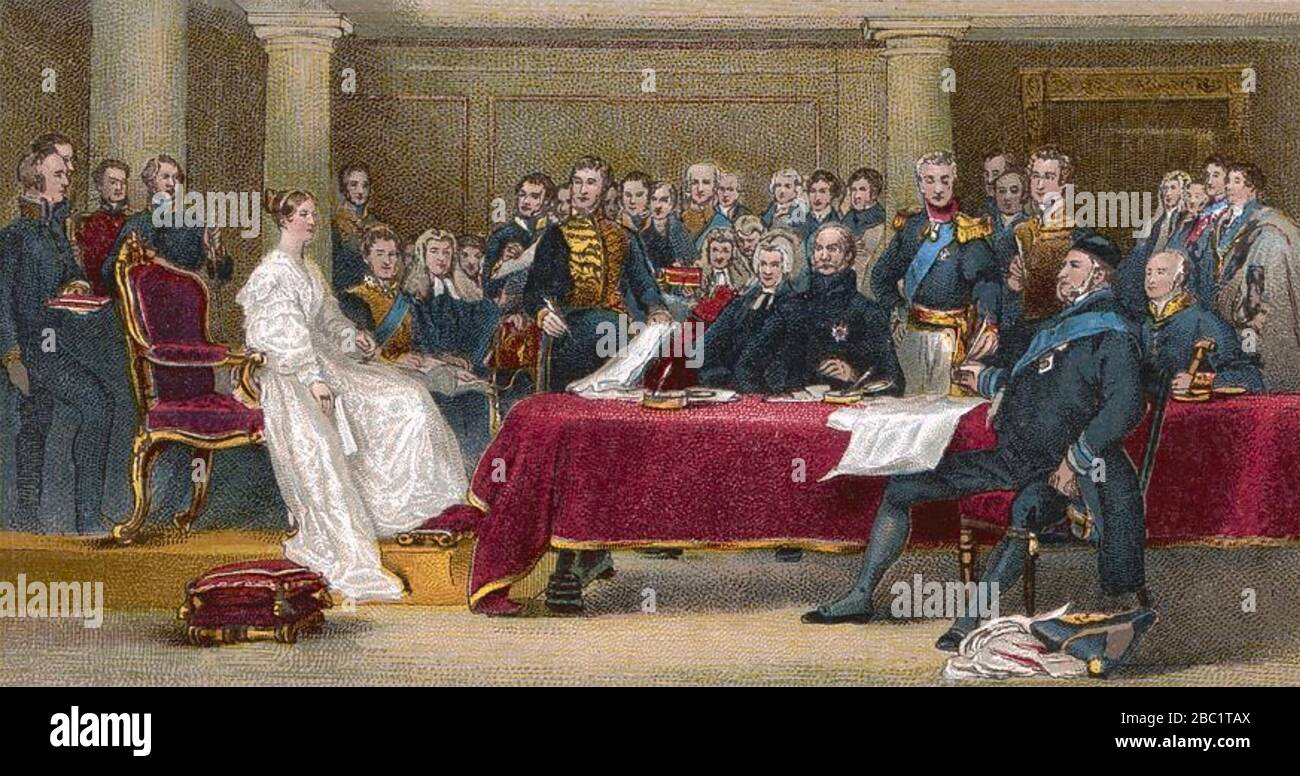 QUEEN VICTORIA (1819-1901) holding her first Privy Council meeting at Kensington Palace, 20 June 1837, aged 18. She strongly objected to the historical inaccuracies in the work by David Wilkie, for example the fact that she had worn black in mourning for William IV at the meeting. Stock Photo
