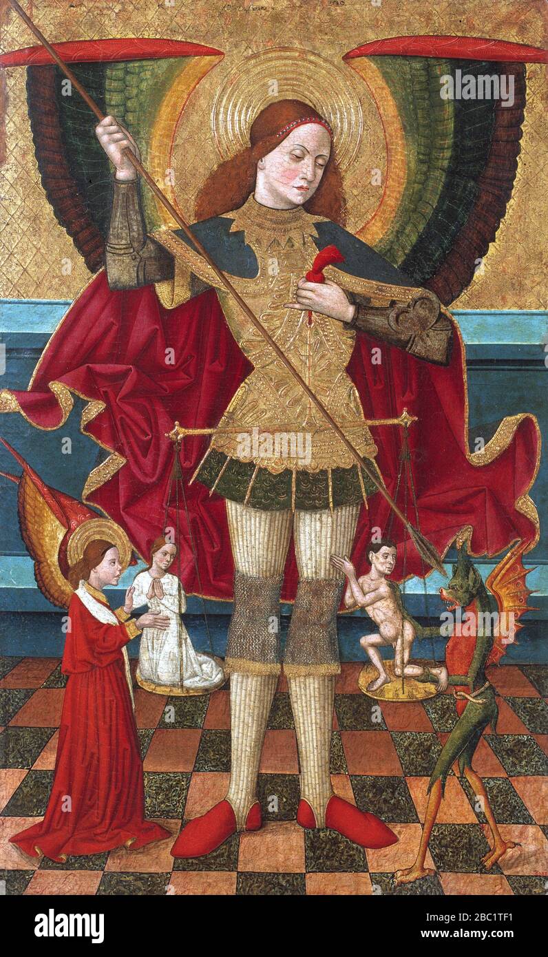 ST MICHAEL as the Angel of Death weighing souls attributed to Juan de la Abadia the Elder about 1480. Courtesy: Museu Nacional d'Art de Catalunya. Stock Photo