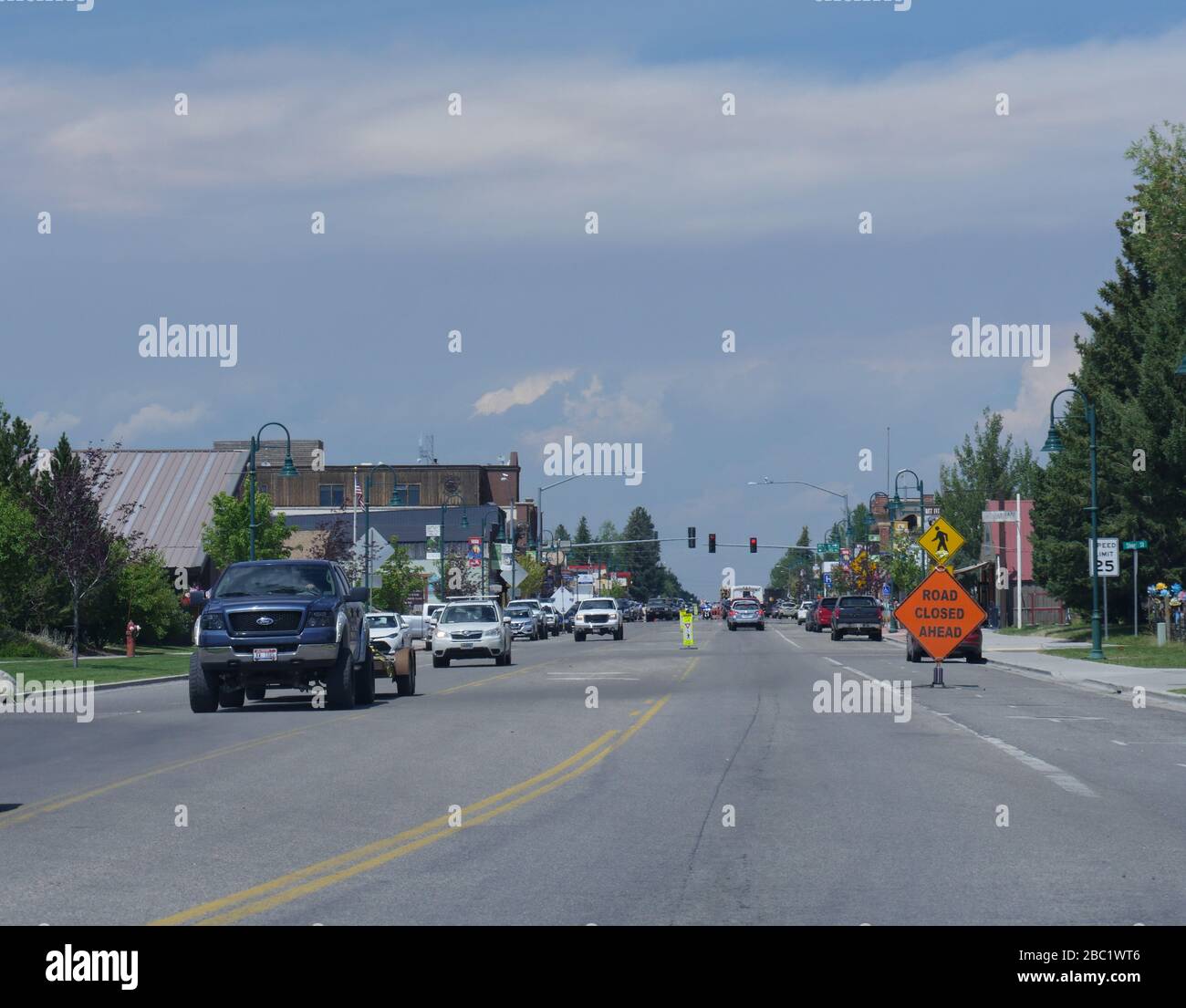 Driggs, Idaho-August 2018: Wide street shot with light traffic in Driggs, Idaho. Stock Photo