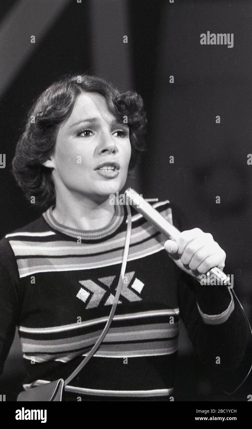 1976, historical, Irish singing star, Dana, on stage.  As a schoolgirl she became famous for winning the 1970 Eurovision Song Contest, with 'All Kings of Everything', a worldwide best seller. From 1999 to 2004, she was a member of the European Parliament. Stock Photo
