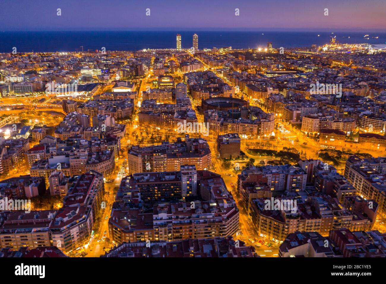 Aerial view of The Eixample, the octogonal grid of Barcelona, Catalonia, Spain) ESP: Vista aérea del Ensanche de Barcelona (Cataluña, España) Stock Photo