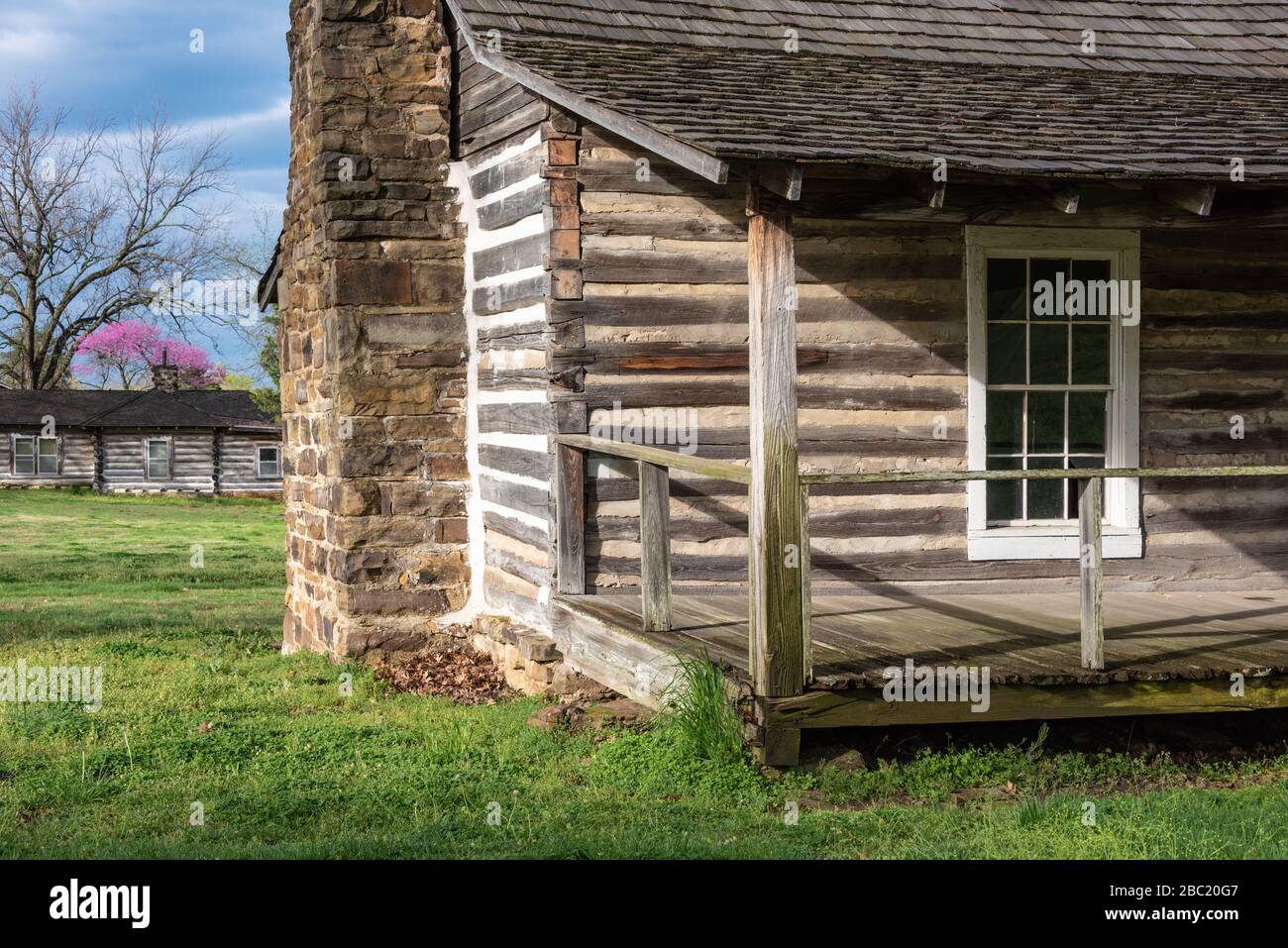 View from log-built officer's quarters to fort stockade at the Fort Gibson Historical Site in Fort Gibson, Oklahoma's oldest town. (USA) Stock Photo