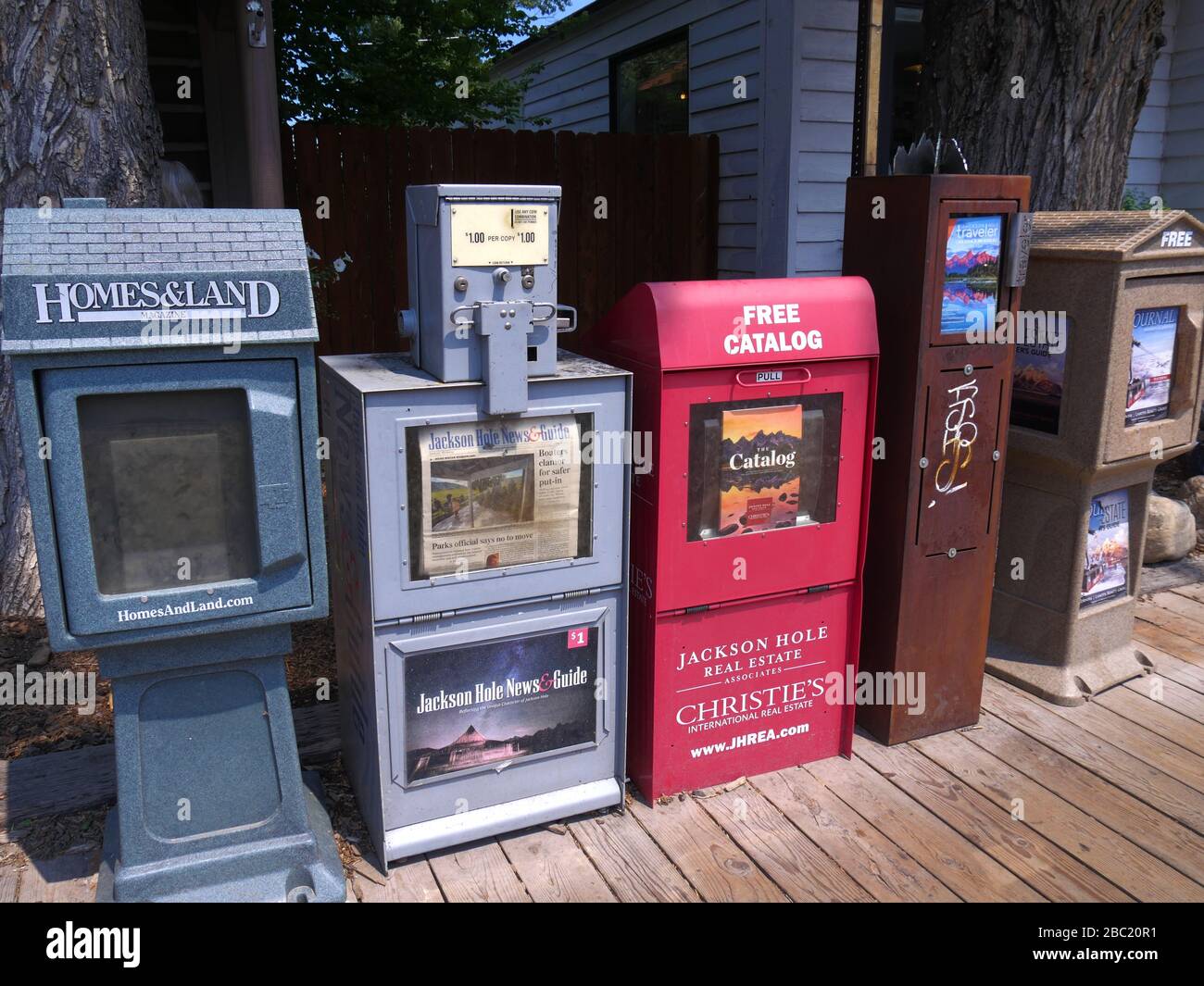 Jackson Hole, Wyoming August 2018 Row of newspaper dispensers