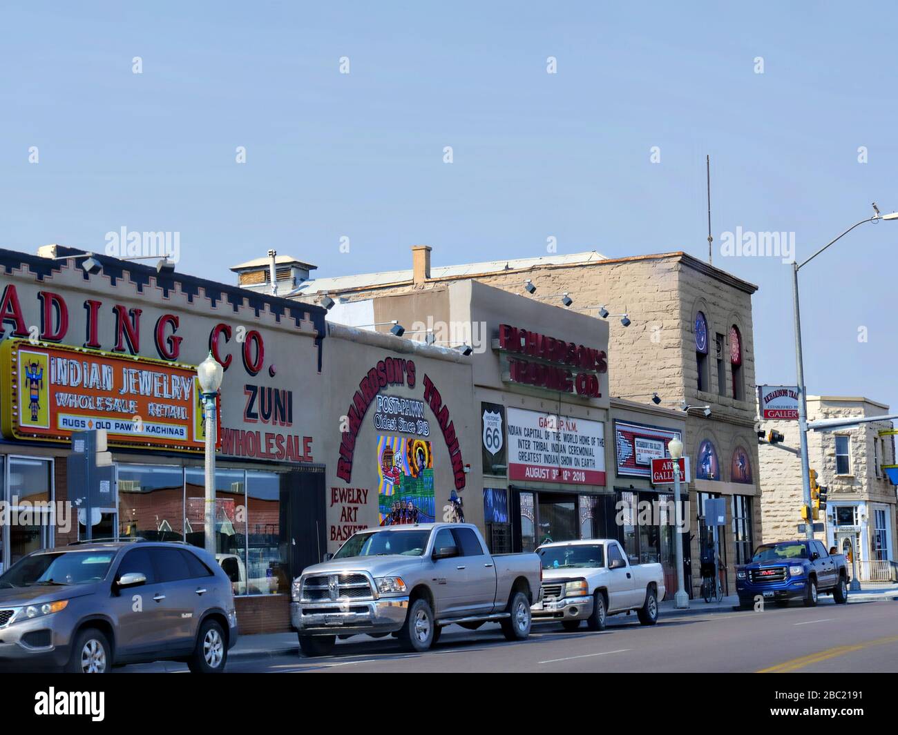 Gallup, New Mexico August 2018 Facade of stores and shops with cars