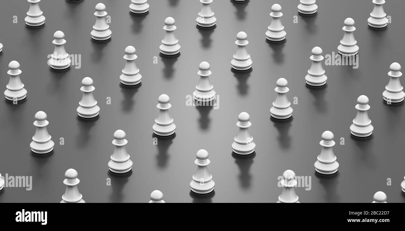 Social distancing concept. White chess pawns in a dinstance on black background. Keep distance to protect Covid19 coronavirus outbreak spread, 3d illu Stock Photo