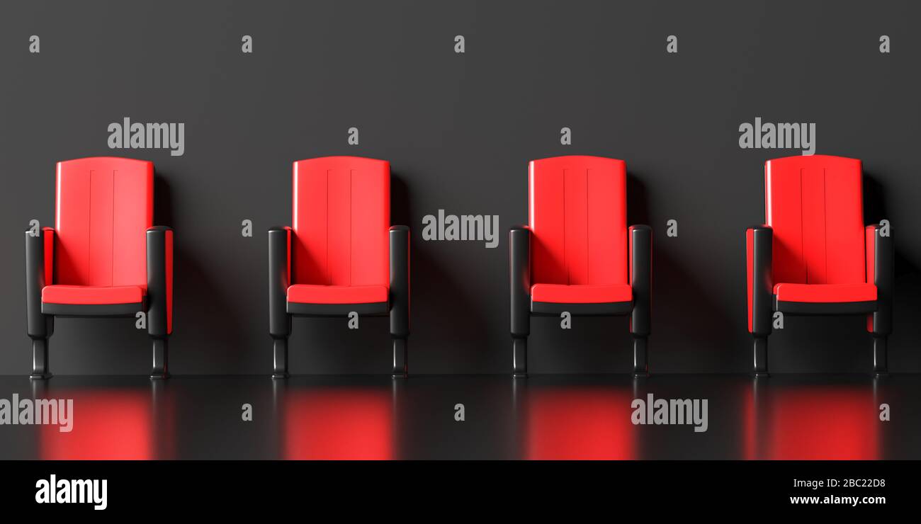 Social distancing concept. Empty red chairs in a dinstance on black background. Keep distance to protect Covid19 coronavirus outbreak spread, 3d illus Stock Photo
