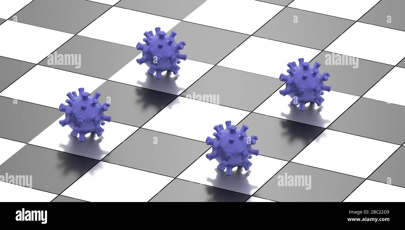 Social distancing measure for Covid19 outbreak spread prevention. Blue coronavirus in a dinstance on a chessboard, 3d illustration Stock Photo
