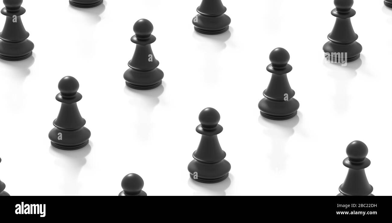 Social distancing concept. Black chess pawns in a dinstance on white background. Keep distance to protect Covid19 coronavirus outbreak spread, 3d illu Stock Photo