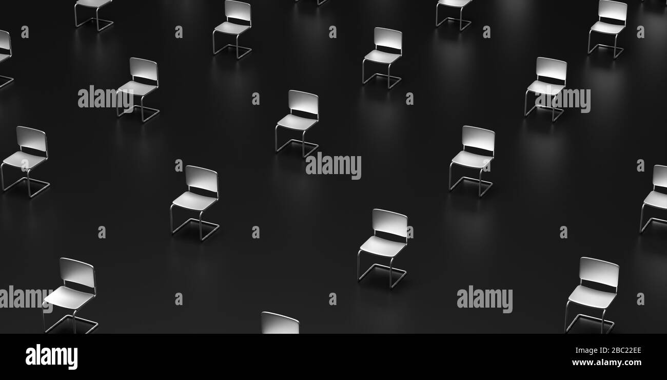 Social distancing concept. Empty chairs in a dinstance on black background. Keep distance to protect Covid19 coronavirus outbreak spread, 3d illustrat Stock Photo