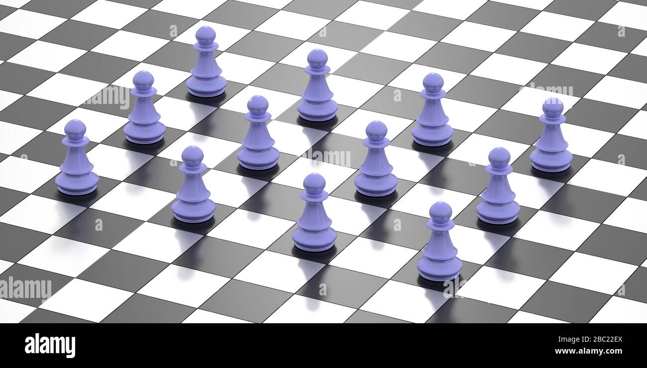 Social distancing concept. Chess pawns in a dinstance on a chessboard. Keep distance to protect Covid19 coronavirus outbreak spread, 3d illustration Stock Photo
