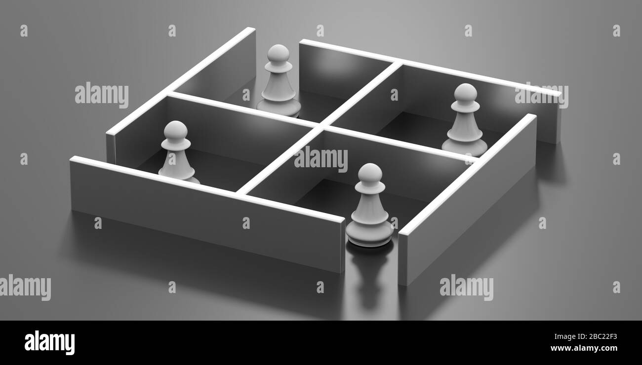 Social distancing concept. White chess pawns in isolation quarantine. Keep distance to protect Covid19 coronavirus outbreak spread, 3d illustration Stock Photo