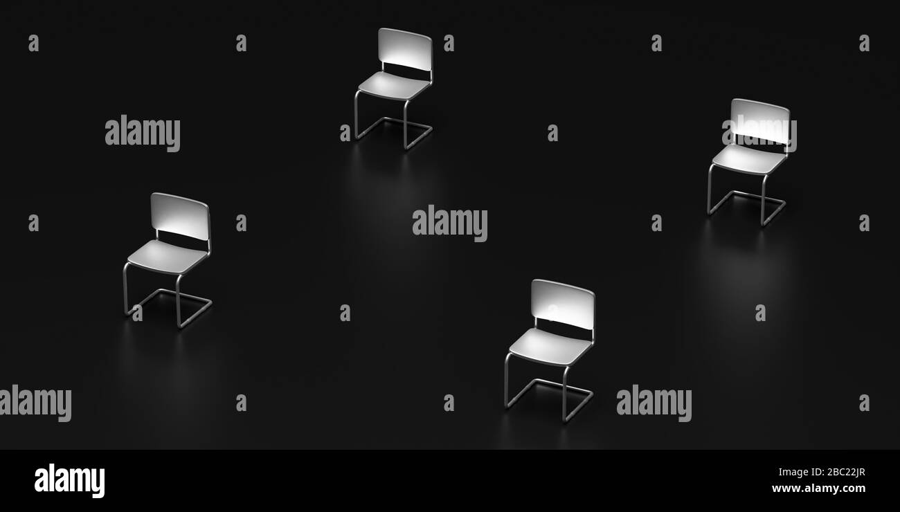 Social distancing concept. Empty chairs in a dinstance on black background. Keep distance to protect Covid19 coronavirus outbreak spread, 3d illustrat Stock Photo