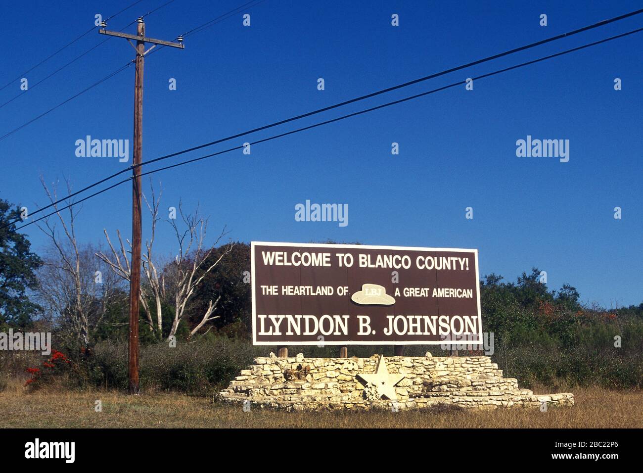 Sign entering Blanco County Texas LBJ country in Hill Country