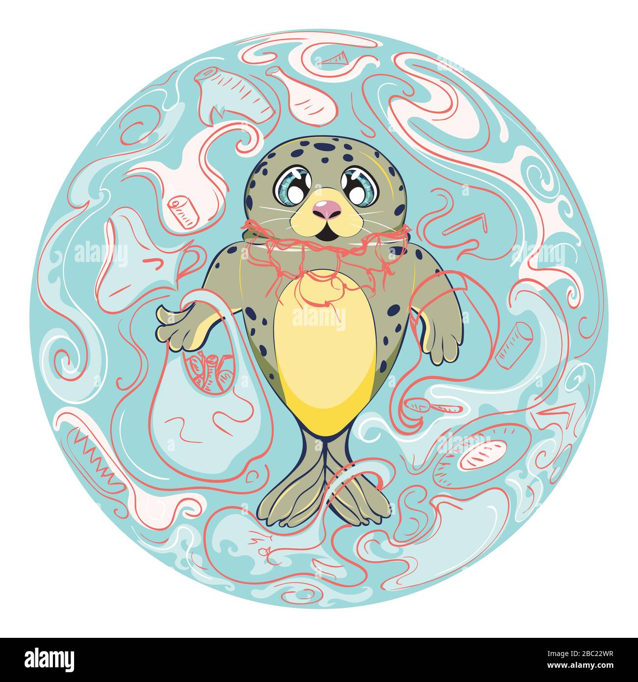 Cartoon kawaii seal with net around its neck surrounded by plastic waste, ocean pollution themed design. Stock Vector