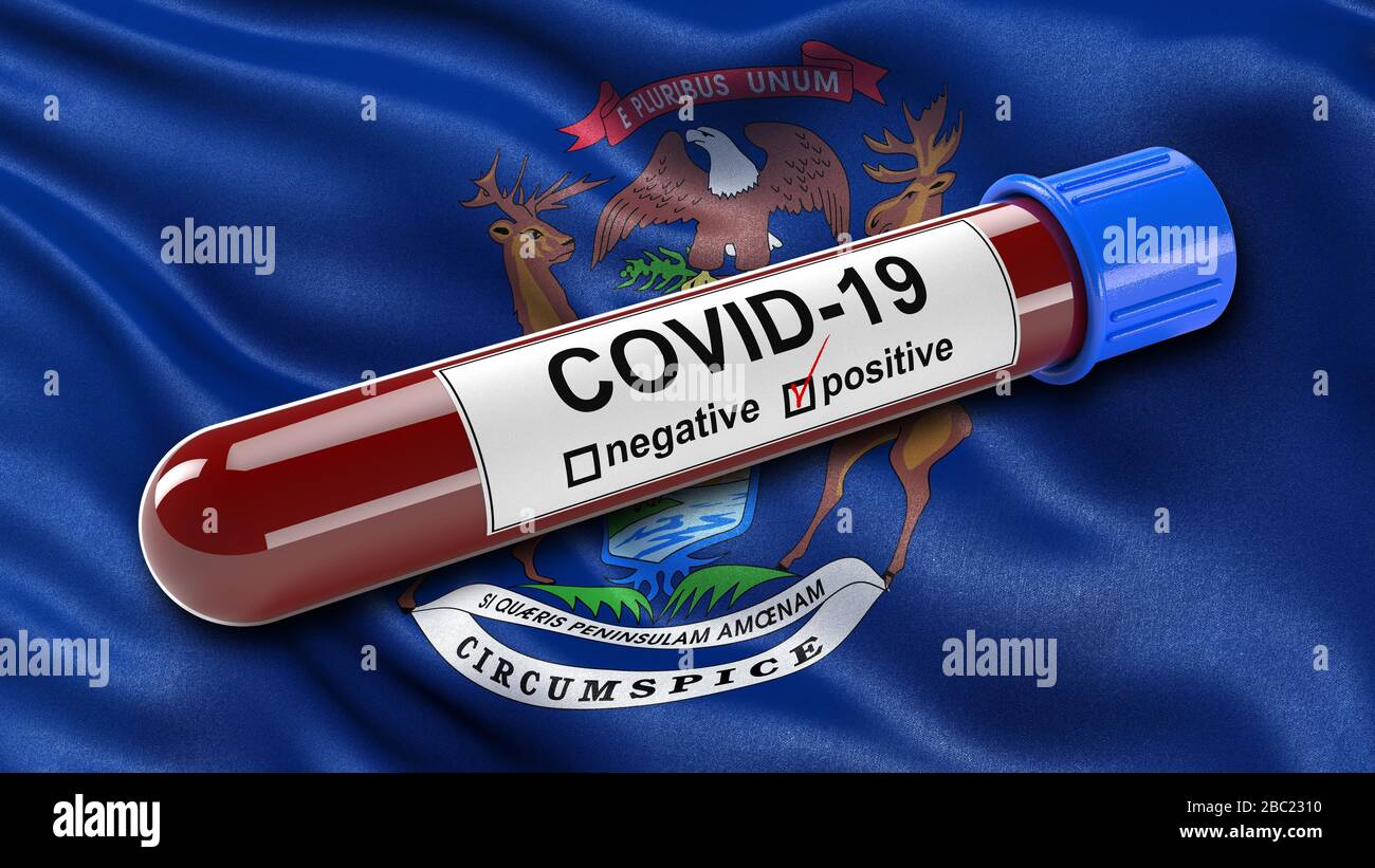 US state flag of Michigan waving in the wind with a positive Covid-19 blood test tube. Stock Photo