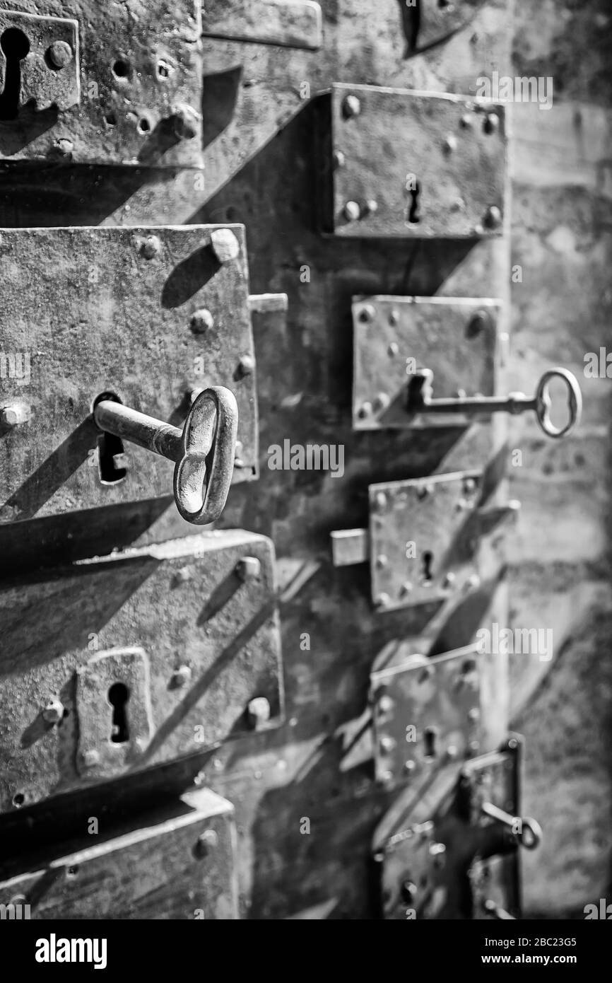 Antique locks, detail of different types of antique locks, protection Stock Photo Alamy