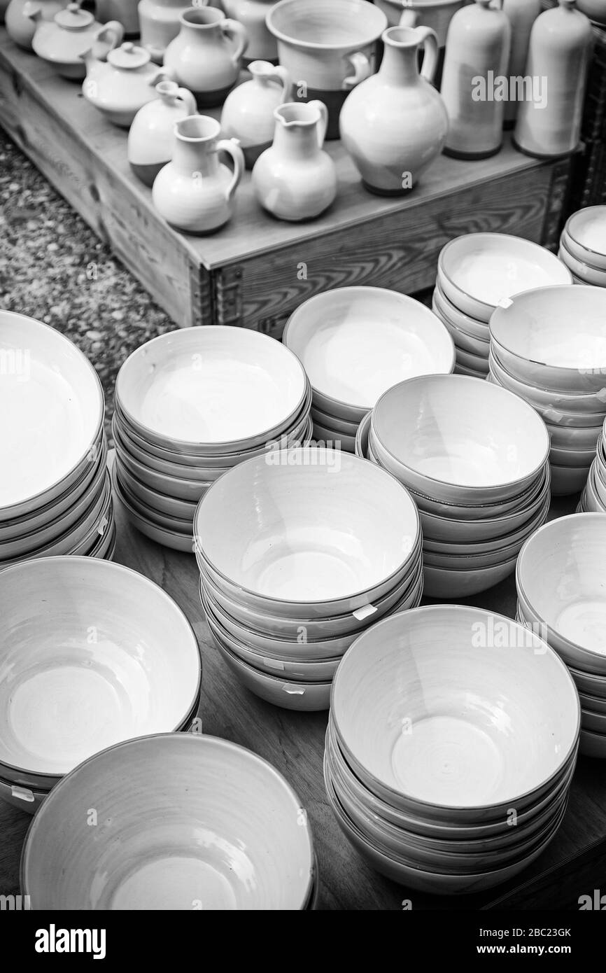 White dishes craft, handicraft detail Spanish, clay, craft Stock Photo
