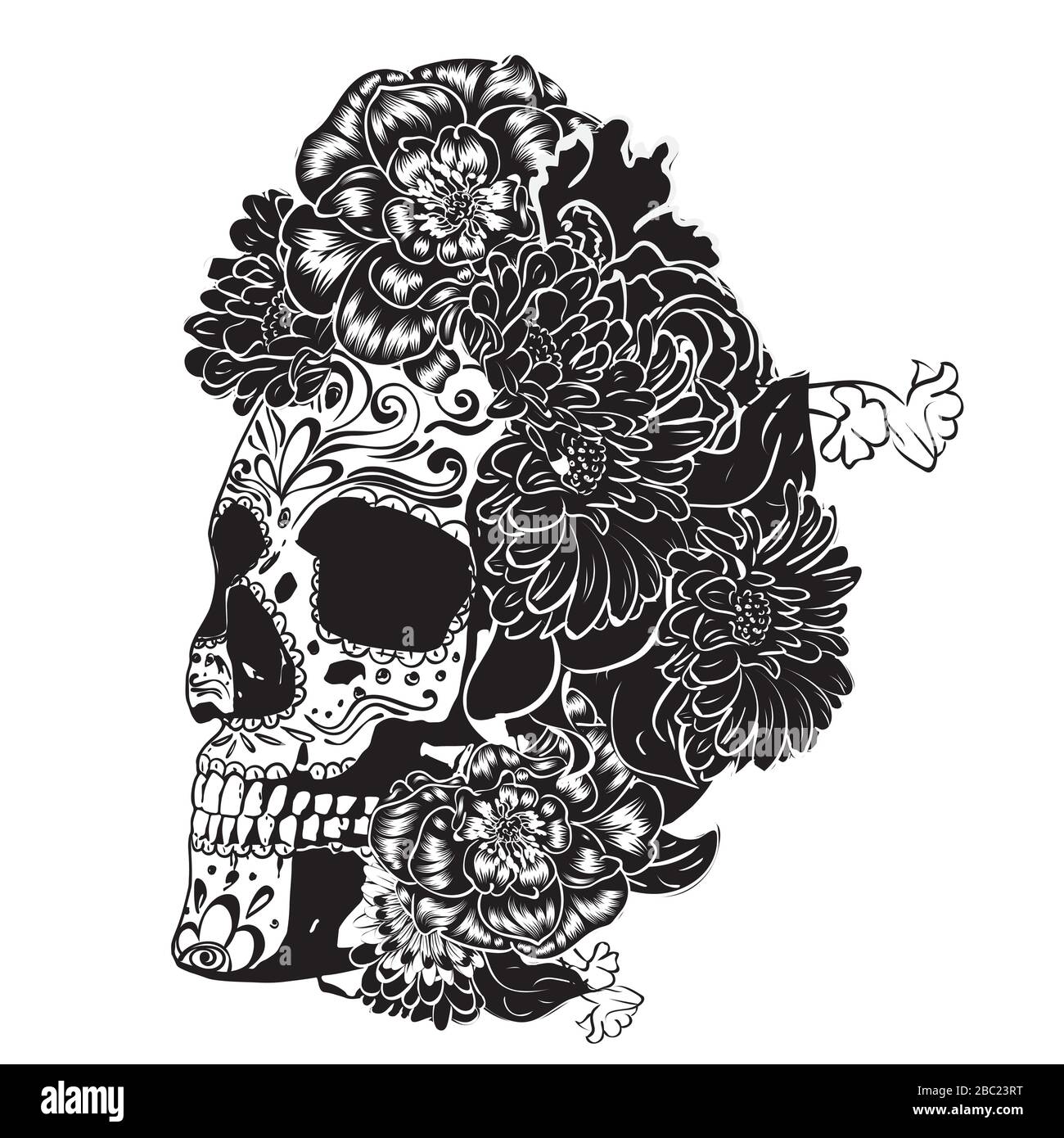 Day of the dead floral sugar skull design in black and white Stock ...