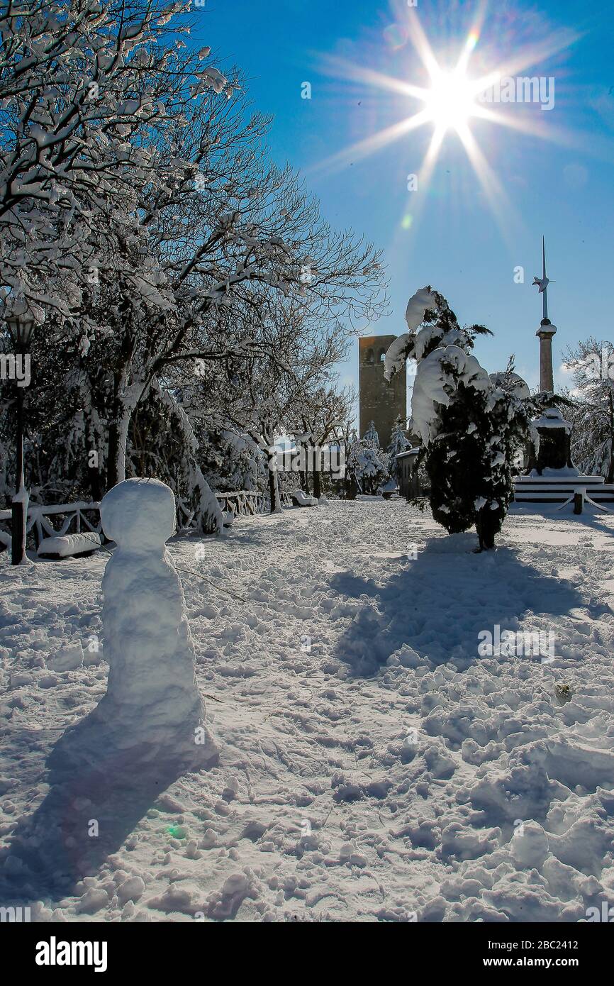 Panoramic square of San Leo covered in snow in 2018 Stock Photo