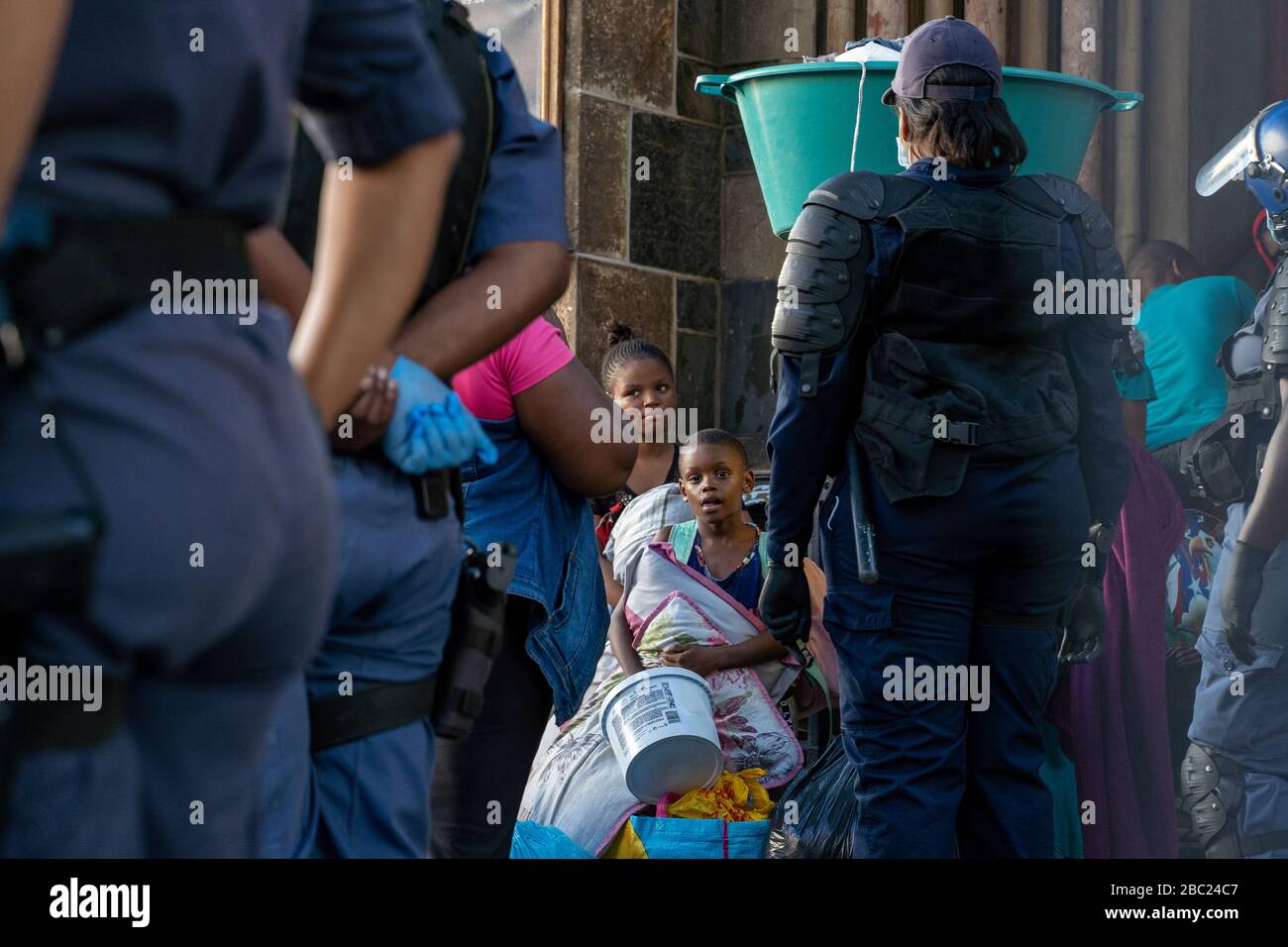 Hundreds of refugees are removed from the Central Methodist church. Cape Town, on 2 April 2020. The refugees have up until now refused to the leave church in Green Market Square in Cape Town due to fears of xenophobic violence. Cape Town, South Africa.  The SA Human Rights Commission said the refugees were moved from the church due to health concerns amid the South Africas countrywide coronavirus lockdown. The group of around 600 people refused to leave the church, despite the newly introduced ban on gatherings of more than 100 people.  They were moved to a new facility in Belville 25 kilometr Stock Photo