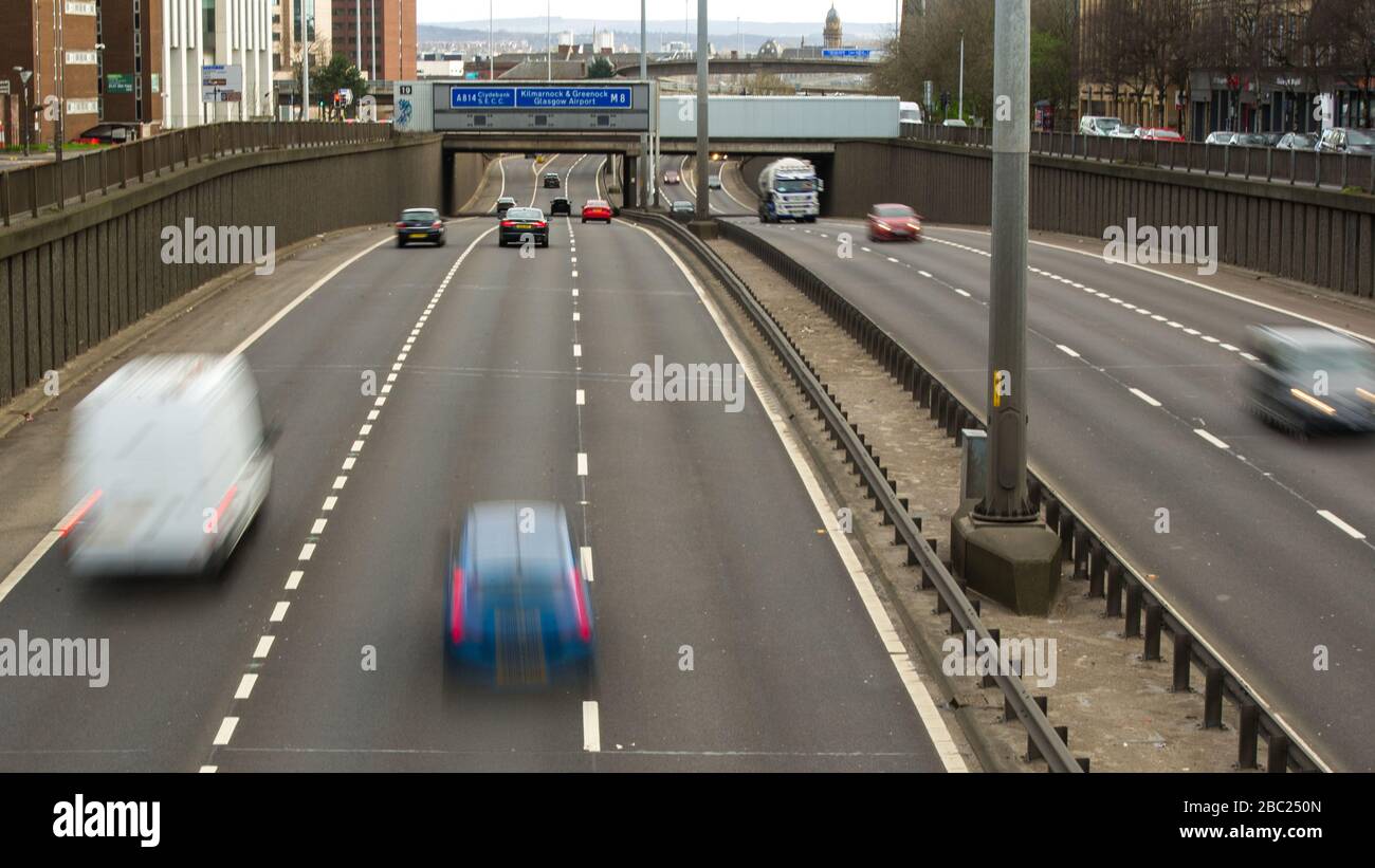 Pictured: Glasgow, UK. 2nd Apr, 2020. Pictured: The M8 Motorway is business than normal during the Covid19 Lockdown. Since the Government imposed a UK wide lockdown, the roads and streets for the last few weeks have been like a ghost town, however today, the roads are busier tan what would be expected for the lockdown period. Credit: Colin Fisher/Alamy Live News Stock Photo