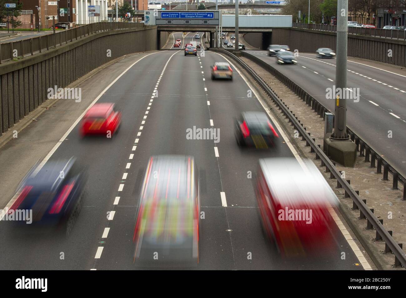 Pictured: Glasgow, UK. 2nd Apr, 2020. Pictured: The M8 Motorway is business than normal during the Covid19 Lockdown. Since the Government imposed a UK wide lockdown, the roads and streets for the last few weeks have been like a ghost town, however today, the roads are busier tan what would be expected for the lockdown period. Credit: Colin Fisher/Alamy Live News Stock Photo