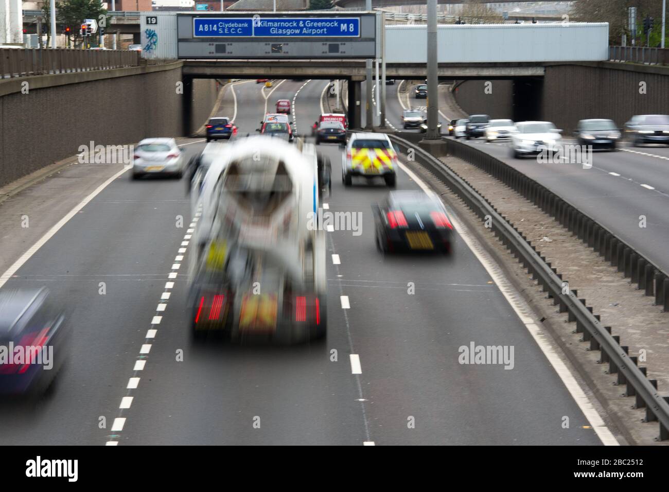 Pictured: Glasgow, UK. 2nd Apr, 2020. Pictured: The M8 Motorway is business than normal during the Covid19 Lockdown. Since the Government imposed a UK wide lockdown, the roads and streets for the last few weeks have been like a ghost town, however today, the roads are busier tan what would be expected for the lockdown period. Credit: Colin Fisher/Alamy Live News Stock Photo