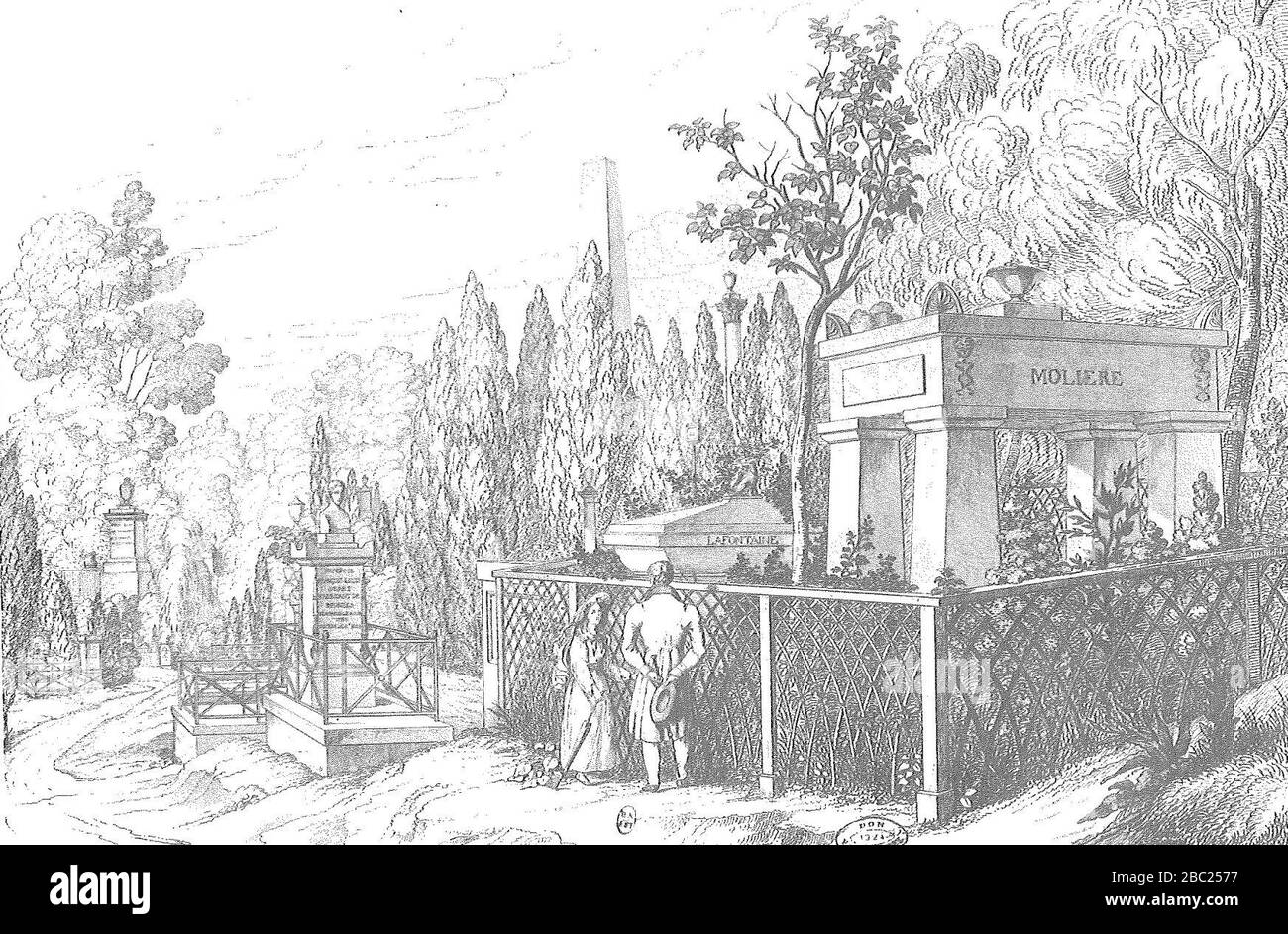 Gravure de la tombe de Molière au Père-Lachaise. Stock Photo