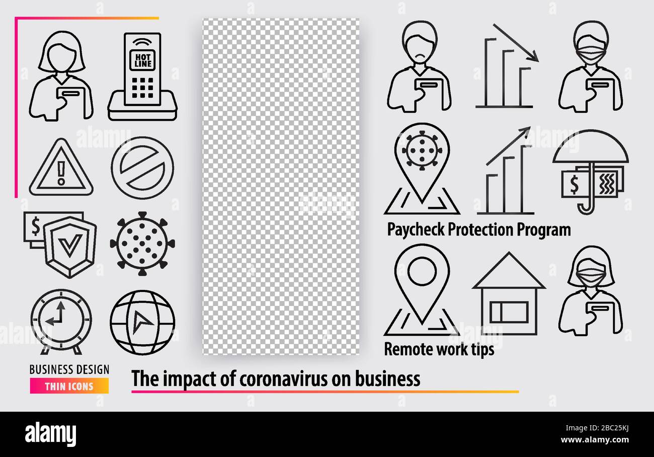 Line black icons. Business support during the coronavirus epidemic. Remote work tips. Paycheck protection program Stock Vector