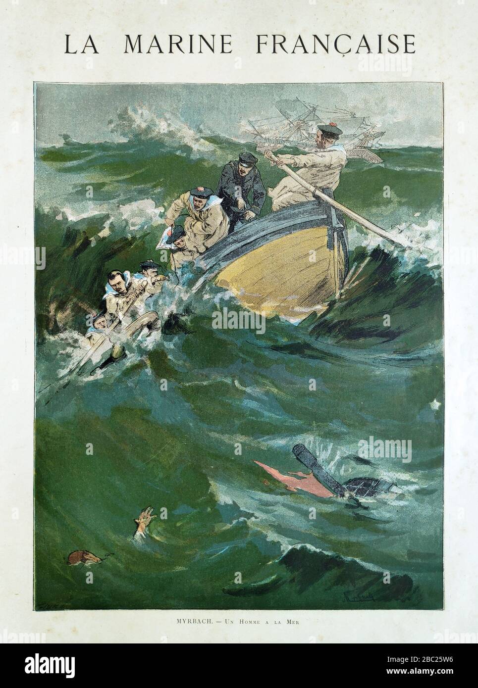 Illustration of sailors rescuing one of their own at sea entitled 'Un homme à la mer' by Felician Myrbach printed in the late 19th century. Stock Photo