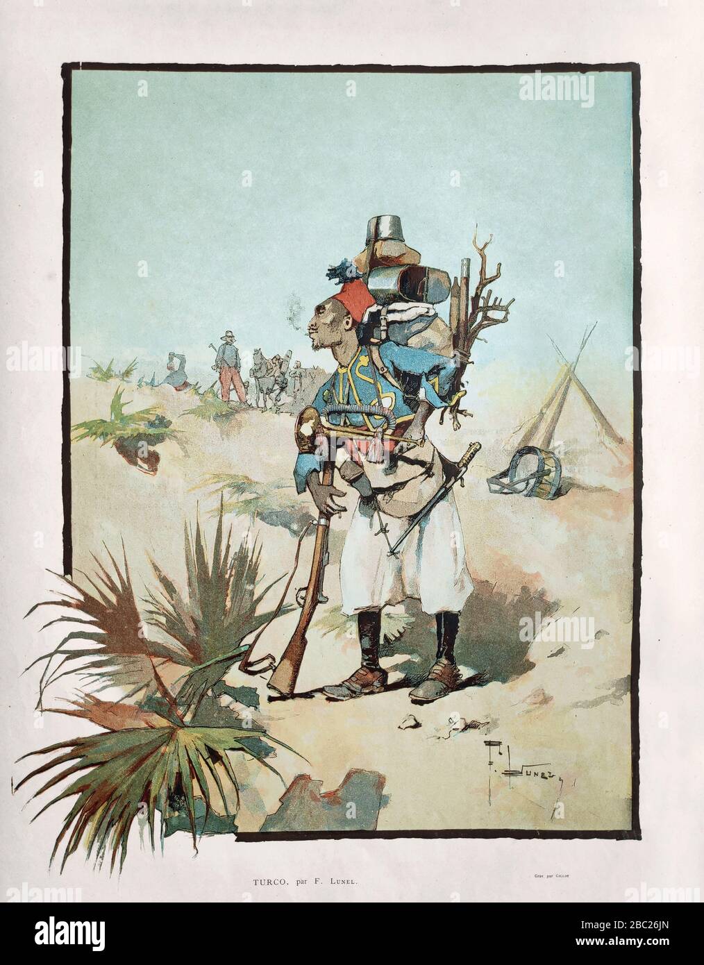 Illustration about a soldier of the Ottoman empire entitled 'Turco' by F. Lunel and engraved by Gillot published in 1884. Stock Photo