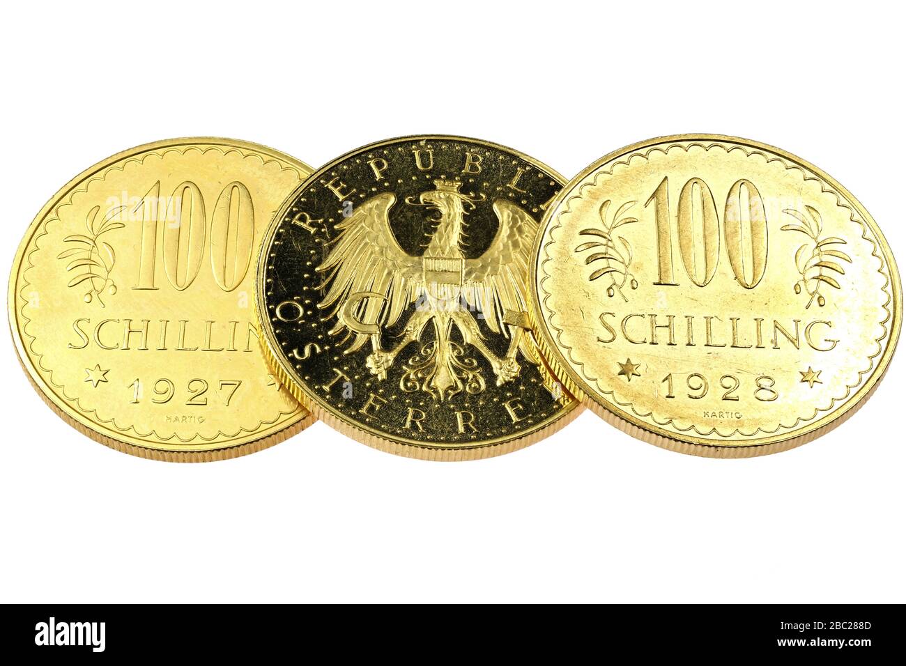 Austrian 100 Schilling gold coins isolated on white background Stock Photo