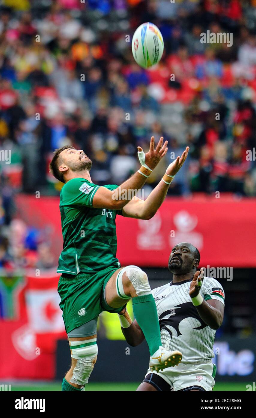 Vancouver, Canada. 7th March, 2020. Harry McNulty #3 of Ireland Jumps for the ball in Match #13 Ireland vs Kenya during Day 1 - 2020 HSBC World Rugby Stock Photo