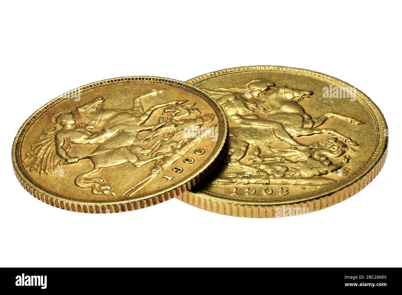 British full and half Sovereign gold coins (Edward VII) isolated on white background Stock Photo