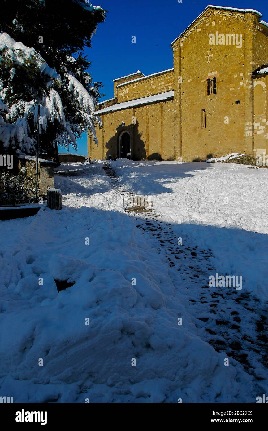 Snow-covered cathedral of the town of San Leo Stock Photo