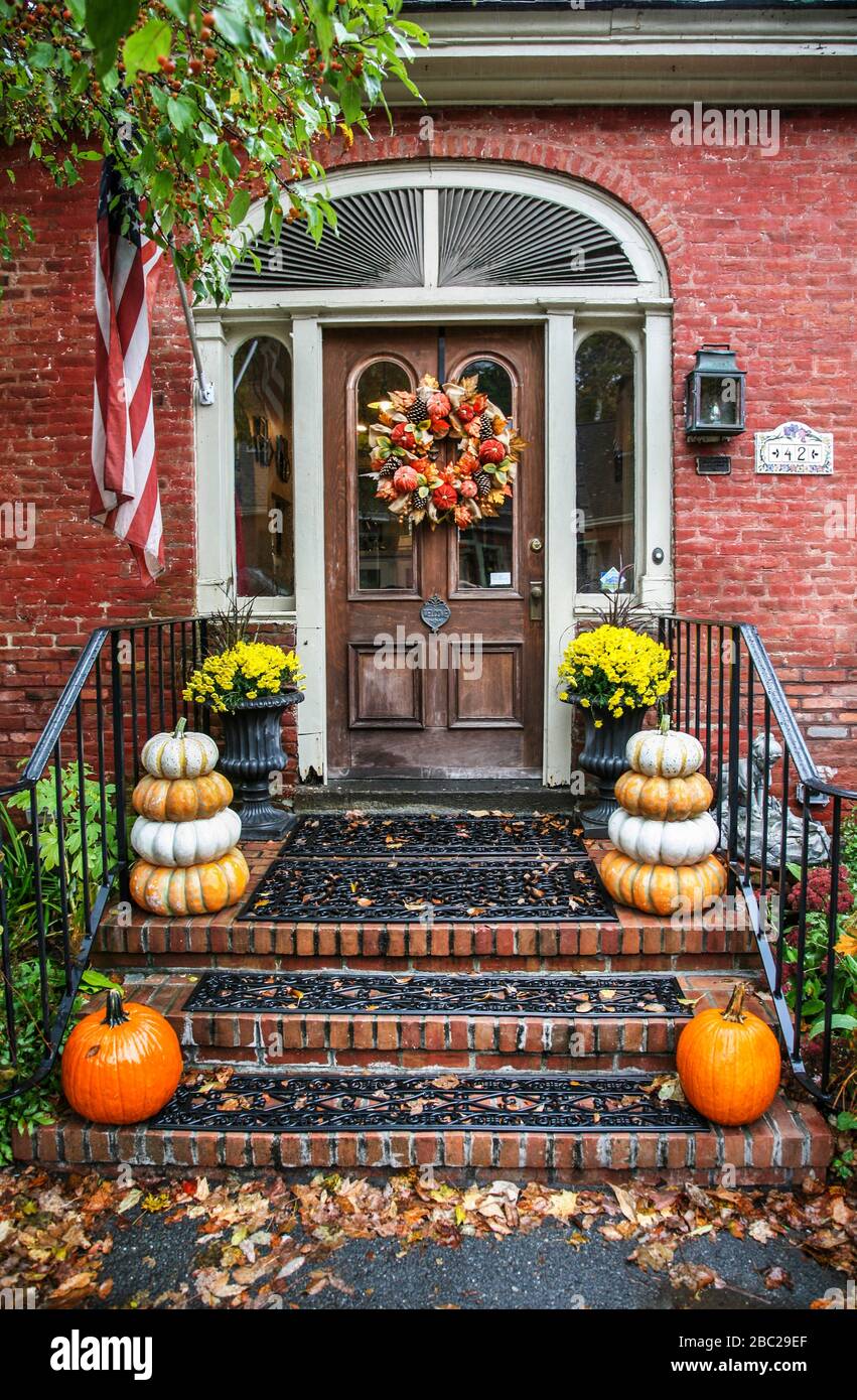 Autumn decorations on a front door and steps, Woodstock, Vermont ...