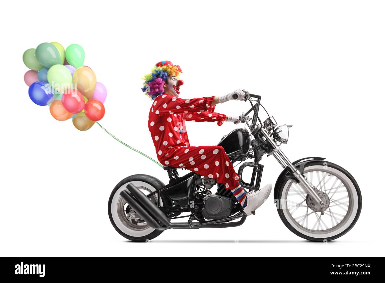 Full length profile shot of a clown riding a chopper motorbike with a bunch of balloons isolated on white background Stock Photo