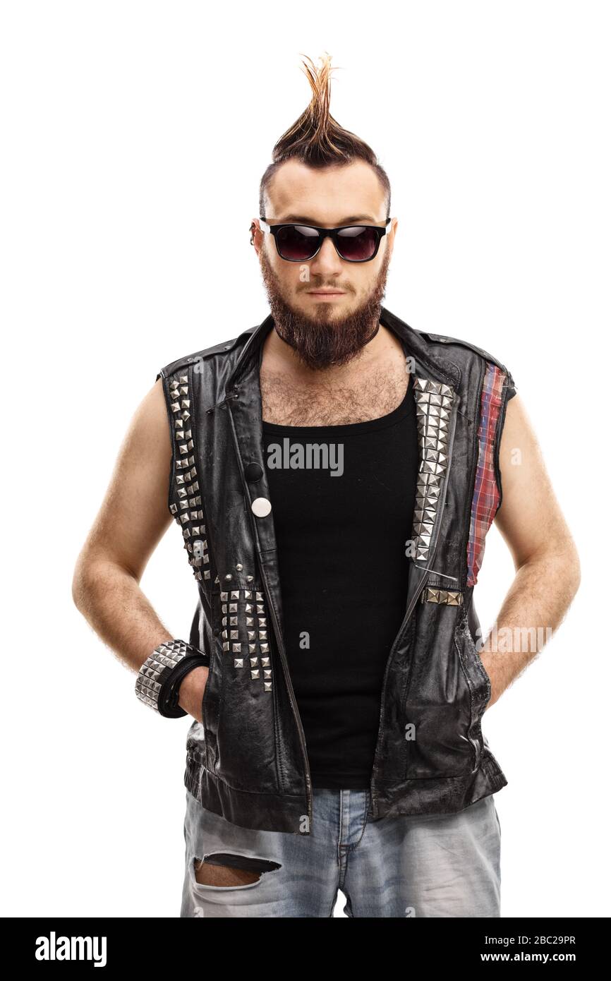Young punk with a mohawk hair style and sunglasses isolated on white background Stock Photo