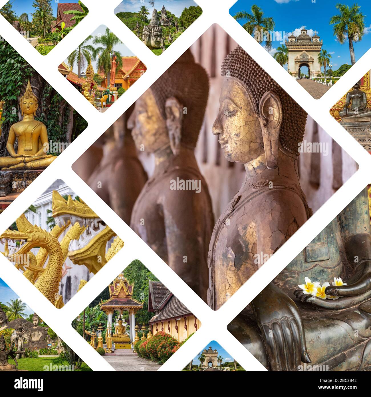 Collage of popular tourist destinations in Laos. Travel background