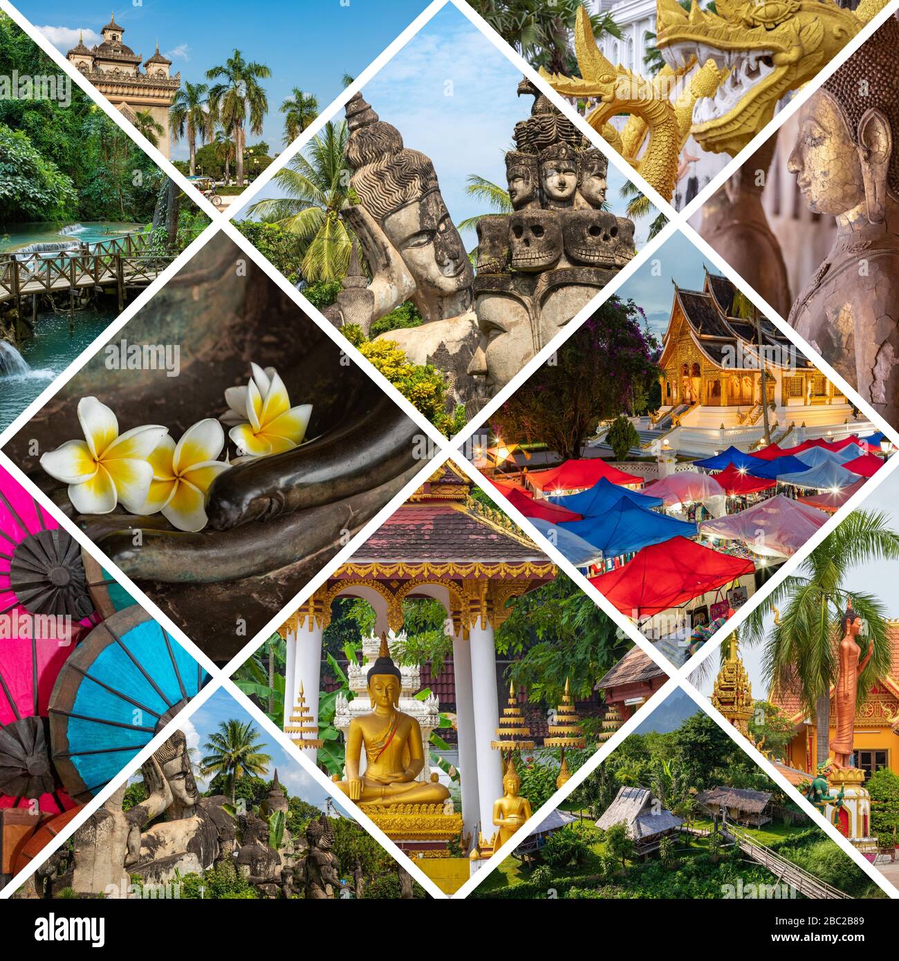 Collage of popular tourist destinations in Laos. Travel background