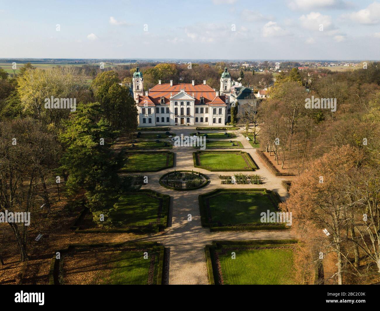 KOZLOWKA, POLAND - october 31, 2019: Aerial autumn view to Zamoyski Palace in Kozlowka. Rococo and neoclassical palace complex located in Kozlowka nea Stock Photo